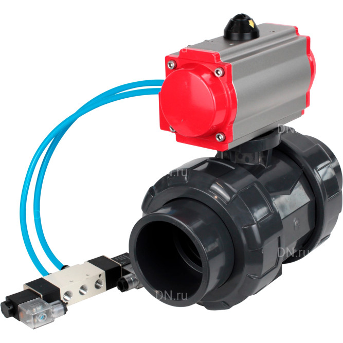 Кран шаровой BV4242E-FP-GRM-ISO Дн15 Ру10 полнопроходной, корпус - НПВХ, шар - НПВХ, уплотнение - EPDM, с пневмоприводом PA-SA-052 и пневмораспределителем 4V320-08 AC220V в Алматы