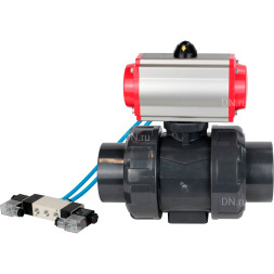 Кран шаровой BV4242E-FP-GRM-ISO Дн15 Ру10 полнопроходной, корпус - НПВХ, шар - НПВХ, уплотнение - EPDM, с пневмоприводом PA-SA-052 и пневмораспределителем 4V320-08 AC220V
