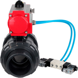 Кран шаровой BV4242E-FP-GRM-ISO Дн15 Ру10 полнопроходной, корпус - НПВХ, шар - НПВХ, уплотнение - EPDM, с пневмоприводом PA-SA-052 и пневмораспределителем 4V320-08 AC220V