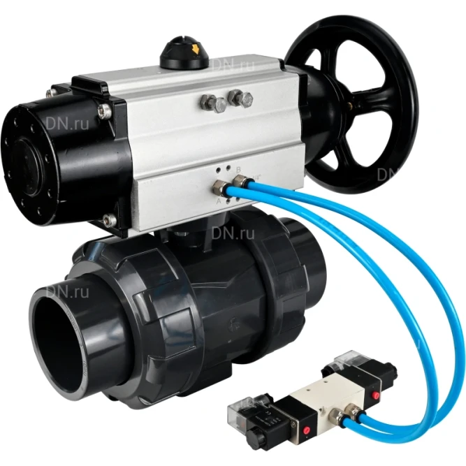 Кран шаровой BV4242E-FP-GRM-ISO Дн25 Ру10 полнопроходной, корпус - НПВХ, шар - НПВХ, уплотнение - EPDM, с пневмоприводом PA-DA-105-1 и пневмораспределителем 4V320-08 AC220V в Алматы