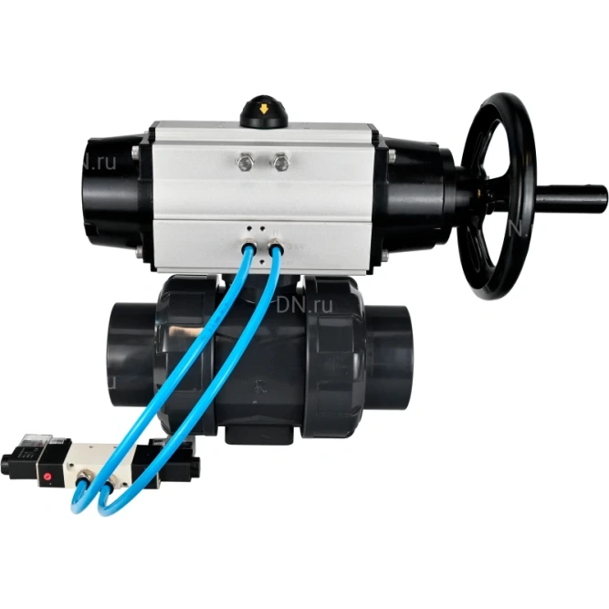 Кран шаровой BV4242E-FP-GRM-ISO Дн25 Ру10 полнопроходной, корпус - НПВХ, шар - НПВХ, уплотнение - EPDM, с пневмоприводом PA-DA-105-1 и пневмораспределителем 4V320-08 AC220V в Алматы