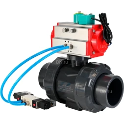 Кран шаровой BV4242E-FP-GRM-ISO Дн15 Ру10 полнопроходной, корпус - НПВХ, шар - НПВХ, уплотнение - EPDM, с пневмоприводом PA-SA-052, пневмораспределителем 4V320-08 AC220V и магнитным переключателем ALS200D