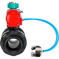 Кран шаровой BV4242E-FP-GRM-ISO Дн15 Ру10 полнопроходной, корпус - НПВХ, шар - НПВХ, уплотнение - EPDM, с пневмоприводом PA-SA-052, пневмораспределителем 4V320-08 AC220V и магнитным переключателем ALS200D