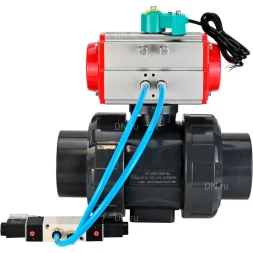 Кран шаровой BV4242E-FP-GRM-ISO Дн80 Ру10 полнопроходной, корпус - НПВХ, шар - НПВХ, уплотнение - EPDM, с пневмоприводом PA-DA-065, пневмораспределителем 4V320-10 AC220V и магнитным переключателем ALS200D