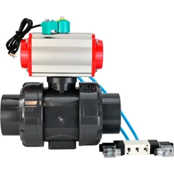 Кран шаровой BV4242E-FP-GRM-ISO Дн80 Ру10 полнопроходной, корпус - НПВХ, шар - НПВХ, уплотнение - EPDM, с пневмоприводом PA-DA-065, пневмораспределителем 4V320-10 AC220V и магнитным переключателем ALS200D