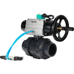 Кран шаровой BV4242E-FP-GRM-ISO Дн80 Ру10 полнопроходной, корпус - НПВХ, шар - НПВХ, уплотнение - EPDM, с пневмоприводом PA-DA-105-1, пневмораспределителем 4V320-10 AC220V и магнитным переключателем ALS200D