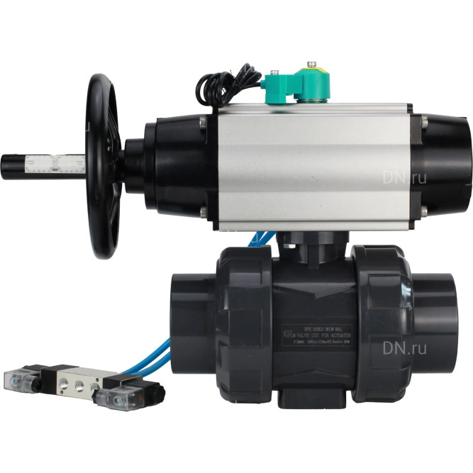 Кран шаровой BV4242E-FP-GRM-ISO Дн80 Ру10 полнопроходной, корпус - НПВХ, шар - НПВХ, уплотнение - EPDM, с пневмоприводом PA-DA-105-1, пневмораспределителем 4V320-10 AC220V и магнитным переключателем ALS200D в Алматы
