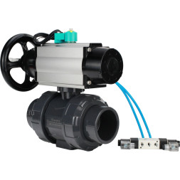 Кран шаровой BV4242E-FP-GRM-ISO Дн80 Ру10 полнопроходной, корпус - НПВХ, шар - НПВХ, уплотнение - EPDM, с пневмоприводом PA-DA-105-1, пневмораспределителем 4V320-10 AC220V и магнитным переключателем ALS200D