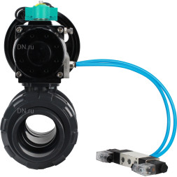 Кран шаровой BV4242E-FP-GRM-ISO Дн80 Ру10 полнопроходной, корпус - НПВХ, шар - НПВХ, уплотнение - EPDM, с пневмоприводом PA-DA-105-1, пневмораспределителем 4V320-10 AC220V и магнитным переключателем ALS200D