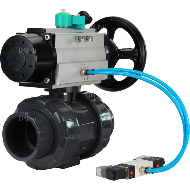 Кран шаровой BV4242E-FP-GRM-ISO Дн80 Ру10 полнопроходной, корпус - НПВХ, шар - НПВХ, уплотнение - EPDM, с пневмоприводом PA-DA-105-1, пневмораспределителем 4V320-10 AC220V и магнитным переключателем ALS200D в Алматы