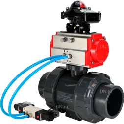 Кран шаровой BV4242E-FP-GRM-ISO Дн20 Ру10 полнопроходной, корпус - НПВХ, шар - НПВХ, уплотнение - EPDM, с пневмоприводом PA-DA-052, пневмораспределителем 4V320-08 AC220V и БКВ APL-210N