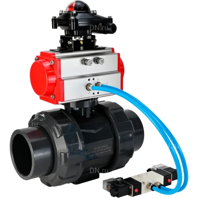 Кран шаровой BV4242E-FP-GRM-ISO Дн20 Ру10 полнопроходной, корпус - НПВХ, шар - НПВХ, уплотнение - EPDM, с пневмоприводом PA-DA-052, пневмораспределителем 4V320-08 AC220V и БКВ APL-210N в Алматы