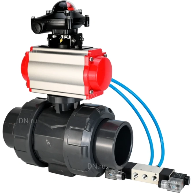 Кран шаровой BV4242E-FP-GRM-ISO Дн20 Ру10 полнопроходной, корпус - НПВХ, шар - НПВХ, уплотнение - EPDM, с пневмоприводом PA-DA-052, пневмораспределителем 4V320-08 AC220V и БКВ APL-210N в Алматы