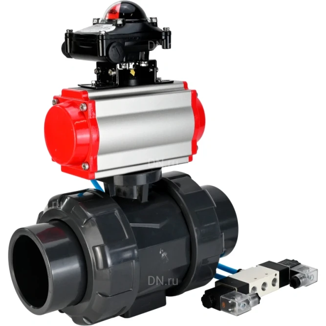 Кран шаровой BV4242E-FP-GRM-ISO Дн20 Ру10 полнопроходной, корпус - НПВХ, шар - НПВХ, уплотнение - EPDM, с пневмоприводом PA-DA-052, пневмораспределителем 4V320-08 AC220V и БКВ APL-210N в Алматы