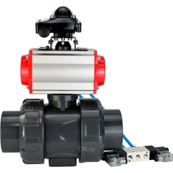 Кран шаровой BV4242E-FP-GRM-ISO Дн65 Ру10 полнопроходной, корпус - НПВХ, шар - НПВХ, уплотнение - EPDM, с пневмоприводом PA-DA-065, пневмораспределителем 4V320-10 AC220V и БКВ APL-210N