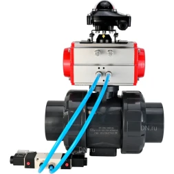 Кран шаровой BV4242E-FP-GRM-ISO Дн40 Ру10 полнопроходной, корпус - НПВХ, шар - НПВХ, уплотнение - EPDM, с пневмоприводом PA-SA-065, пневмораспределителем 4V320-10 AC220V и БКВ APL-210N