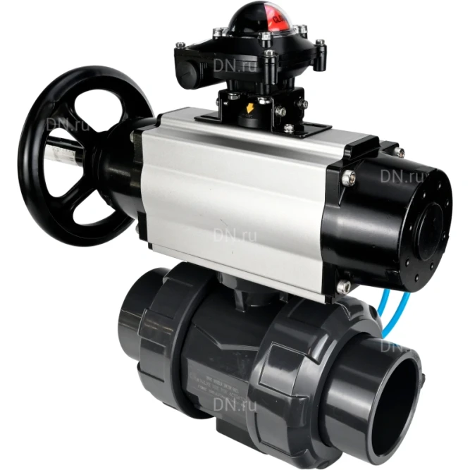 Кран шаровой BV4242E-FP-GRM-ISO Дн20 Ру10 полнопроходной, корпус - НПВХ, шар - НПВХ, уплотнение - EPDM, с пневмоприводом PA-DA-105-1, пневмораспределителем 4V320-10 AC220V и БКВ APL-210N в Алматы