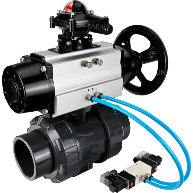 Кран шаровой BV4242E-FP-GRM-ISO Дн20 Ру10 полнопроходной, корпус - НПВХ, шар - НПВХ, уплотнение - EPDM, с пневмоприводом PA-DA-105-1, пневмораспределителем 4V320-10 AC220V и БКВ APL-210N в Алматы