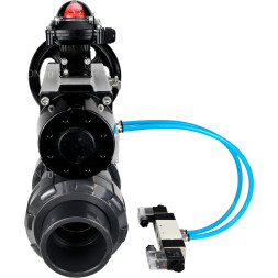 Кран шаровой BV4242E-FP-GRM-ISO Дн80 Ру10 полнопроходной, корпус - НПВХ, шар - НПВХ, уплотнение - EPDM, с пневмоприводом PA-DA-105-1, пневмораспределителем 4V320-10 AC220V и БКВ APL-210N