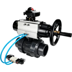Кран шаровой BV4242E-FP-GRM-ISO Дн100 Ру10 полнопроходной, корпус - НПВХ, шар - НПВХ, уплотнение - EPDM, с пневмоприводом PA-DA-105-1, пневмораспределителем 4V320-10 AC220V и БКВ APL-210N