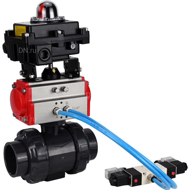 Кран шаровой BV4242E-FP-GRM-ISO Дн40 Ру10 полнопроходной, корпус - НПВХ, шар - НПВХ, уплотнение - EPDM, с пневмоприводом PA-SA-065, пневмораспределителем 4V320-08 AC220V и БКВ APL-410N EX в Алматы