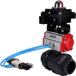Кран шаровой BV4242E-FP-GRM-ISO Дн65 Ру10 полнопроходной, корпус - НПВХ, шар - НПВХ, уплотнение - EPDM, с пневмоприводом PA-SA-065, пневмораспределителем 4V320-08 AC220V и БКВ APL-410N EX
