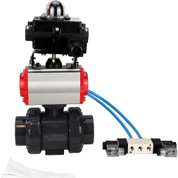 Кран шаровой BV4242E-FP-GRM-ISO Дн65 Ру10 полнопроходной, корпус - НПВХ, шар - НПВХ, уплотнение - EPDM, с пневмоприводом PA-SA-065, пневмораспределителем 4V320-08 AC220V и БКВ APL-410N EX