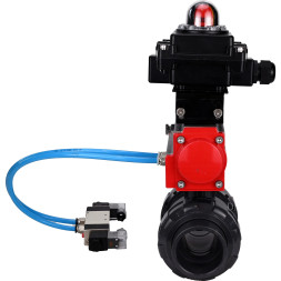 Кран шаровой BV4242E-FP-GRM-ISO Дн80 Ру10 полнопроходной, корпус - НПВХ, шар - НПВХ, уплотнение - EPDM, с пневмоприводом PA-DA-065, пневмораспределителем 4V320-10 AC220V и БКВ APL-410N EX
