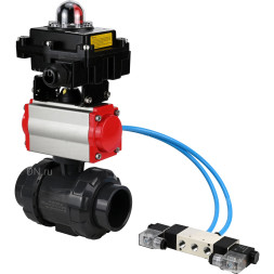 Кран шаровой BV4242E-FP-GRM-ISO Дн25 Ру10 полнопроходной, корпус - НПВХ, шар - НПВХ, уплотнение - EPDM, с пневмоприводом PA-SA-052, пневмораспределителем 4V320-10 AC220V и БКВ APL-410N EX