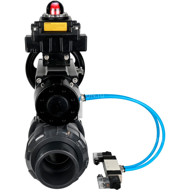 Кран шаровой BV4242E-FP-GRM-ISO Дн25 Ру10 полнопроходной, корпус - НПВХ, шар - НПВХ, уплотнение - EPDM, с пневмоприводом PA-DA-105-1, пневмораспределителем 4V320-10 AC220V и БКВ APL-410N EX в Алматы