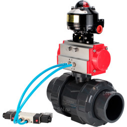 Кран шаровой BV4242E-FP-GRM-ISO Дн15 Ру10 полнопроходной, корпус - НПВХ, шар - НПВХ, уплотнение - EPDM, с пневмоприводом PA-SA-052, пневмораспределителем 4V320-08 AC220V и БКВ APL-510N EX