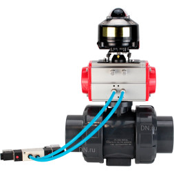 Кран шаровой BV4242E-FP-GRM-ISO Дн15 Ру10 полнопроходной, корпус - НПВХ, шар - НПВХ, уплотнение - EPDM, с пневмоприводом PA-SA-052, пневмораспределителем 4V320-08 AC220V и БКВ APL-510N EX