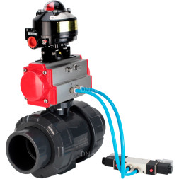 Кран шаровой BV4242E-FP-GRM-ISO Дн25 Ру10 полнопроходной, корпус - НПВХ, шар - НПВХ, уплотнение - EPDM, с пневмоприводом PA-SA-052, пневмораспределителем 4V320-08 AC220V и БКВ APL-510N EX