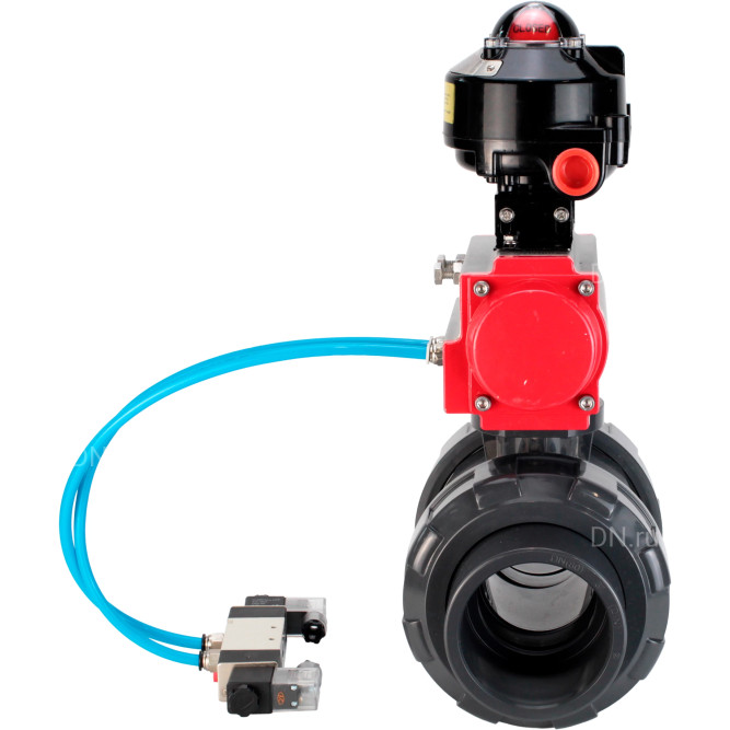 Кран шаровой BV4242E-FP-GRM-ISO Дн80 Ру10 полнопроходной, корпус - НПВХ, шар - НПВХ, уплотнение - EPDM, с пневмоприводом PA-SA-065, пневмораспределителем 4V320-08 AC220V и БКВ APL-510N EX в Алматы