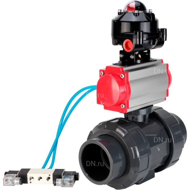 Кран шаровой BV4242E-FP-GRM-ISO Дн25 Ру10 полнопроходной, корпус - НПВХ, шар - НПВХ, уплотнение - EPDM, с пневмоприводом PA-DA-052, пневмораспределителем 4V320-10 AC220V и БКВ APL-510N EX в Алматы