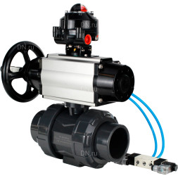 Кран шаровой BV4242E-FP-GRM-ISO Дн20 Ру10 полнопроходной, корпус - НПВХ, шар - НПВХ, уплотнение - EPDM, с пневмоприводом PA-DA-105-1, пневмораспределителем 4V320-10 AC220V и БКВ APL-510N EX