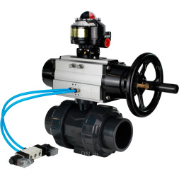 Кран шаровой BV4242E-FP-GRM-ISO Дн32 Ру10 полнопроходной, корпус - НПВХ, шар - НПВХ, уплотнение - EPDM, с пневмоприводом PA-DA-105-1, пневмораспределителем 4V320-10 AC220V и БКВ APL-510N EX