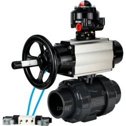 Кран шаровой BV4242E-FP-GRM-ISO Дн32 Ру10 полнопроходной, корпус - НПВХ, шар - НПВХ, уплотнение - EPDM, с пневмоприводом PA-DA-105-1, пневмораспределителем 4V320-10 AC220V и БКВ APL-510N EX