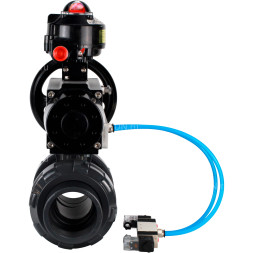 Кран шаровой BV4242E-FP-GRM-ISO Дн32 Ру10 полнопроходной, корпус - НПВХ, шар - НПВХ, уплотнение - EPDM, с пневмоприводом PA-DA-105-1, пневмораспределителем 4V320-10 AC220V и БКВ APL-510N EX