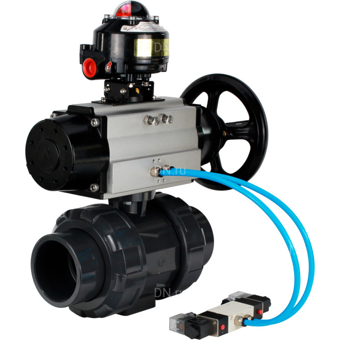 Кран шаровой BV4242E-FP-GRM-ISO Дн32 Ру10 полнопроходной, корпус - НПВХ, шар - НПВХ, уплотнение - EPDM, с пневмоприводом PA-DA-105-1, пневмораспределителем 4V320-10 AC220V и БКВ APL-510N EX в Алматы