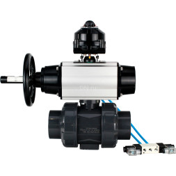 Кран шаровой BV4242E-FP-GRM-ISO Дн40 Ру10 полнопроходной, корпус - НПВХ, шар - НПВХ, уплотнение - EPDM, с пневмоприводом PA-DA-105-1, пневмораспределителем 4V320-10 AC220V и БКВ APL-510N EX