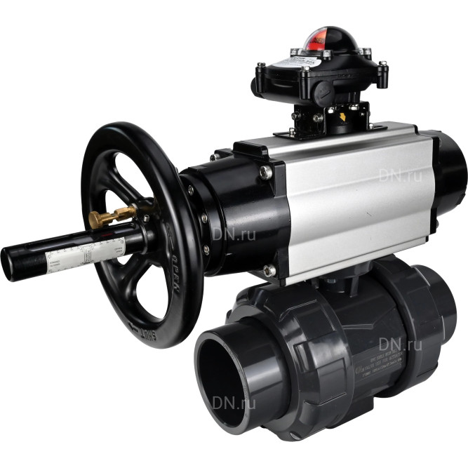 Кран шаровой BV4242E-FP-GRM-ISO Дн65 Ру10 полнопроходной, корпус - НПВХ, шар - НПВХ, уплотнение - EPDM, с пневмоприводом PA-DA-105-1 и БКВ APL-210N в Алматы