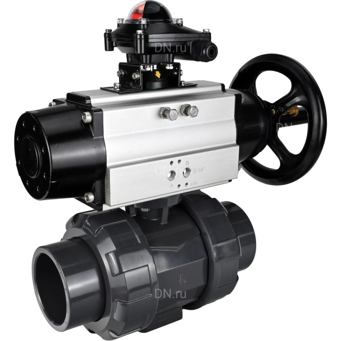 Кран шаровой BV4242E-FP-GRM-ISO Дн65 Ру10 полнопроходной, корпус - НПВХ, шар - НПВХ, уплотнение - EPDM, с пневмоприводом PA-DA-105-1 и БКВ APL-210N в Алматы