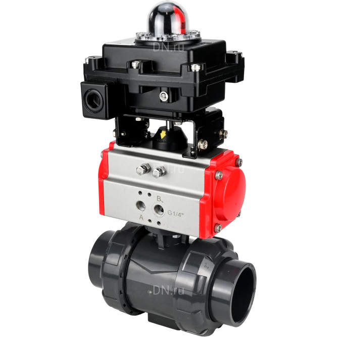 Кран шаровой BV4242E-FP-GRM-ISO Дн32 Ру10 полнопроходной, корпус - НПВХ, шар - НПВХ, уплотнение - EPDM, с пневмоприводом PA-SA-052 и БКВ APL-410N EX в Алматы
