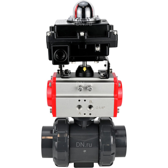 Кран шаровой BV4242E-FP-GRM-ISO Дн40 Ру10 полнопроходной, корпус - НПВХ, шар - НПВХ, уплотнение - EPDM, с пневмоприводом PA-SA-065 и БКВ APL-410N EX в Алматы