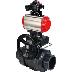Кран шаровой BV4242E-FP-GRM-ISO Дн65 Ру10 полнопроходной, корпус - НПВХ, шар - НПВХ, уплотнение - EPDM, с пневмоприводом PA-DA-065, пневмораспределителем 4M310-08 AC220V, ручным дублером MON1-250-T26-ISO и БКВ APL-210N