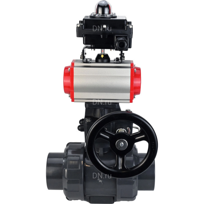 Кран шаровой BV4242E-FP-GRM-ISO Дн80 Ру10 полнопроходной, корпус - НПВХ, шар - НПВХ, уплотнение - EPDM, с пневмоприводом PA-DA-065, пневмораспределителем 4M310-08 AC220V, ручным дублером MON1-250-T26-ISO и БКВ APL-410N EX в Алматы