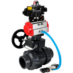 Кран шаровой BV4242E-FP-GRM-ISO Дн65 Ру10 полнопроходной, корпус - НПВХ, шар - НПВХ, уплотнение - EPDM, с пневмоприводом PA-DA-065, пневмораспределителем 4V320-08 AC220V, ручным дублером MON1-250-T26-ISO и БКВ APL-410N EX