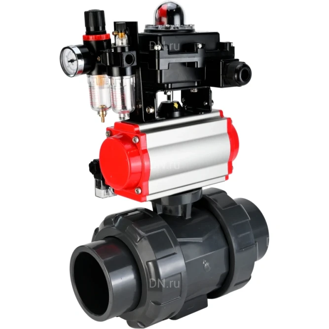 Кран шаровой BV4242E-FP-GRM-ISO Дн100 Ру10 полнопроходной, корпус - НПВХ, шар - НПВХ, уплотнение - EPDM, с пневмоприводом PA-SA-083, пневмораспределителем 4M310-08 DC24V, БКВ APL-410N EX и БПВ AFC2000 в Алматы