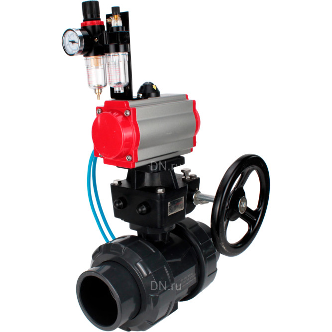 Кран шаровой BV4242E-FP-GRM-ISO Дн65 Ру10 полнопроходной, корпус - НПВХ, шар - НПВХ, уплотнение - EPDM, с пневмоприводом PA-DA-065, пневмораспределителем 4V320-08 AC220V, ручным дублером MON1-250-T26-ISO и БПВ AFC2000 в Алматы